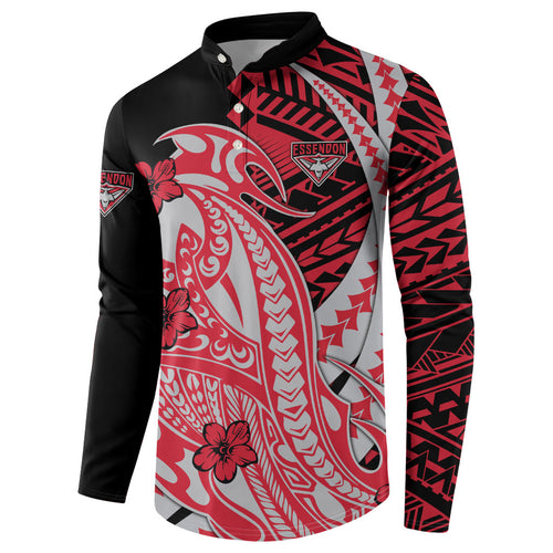 Personalized Essendon Bombers Button Sweatshirt Polynesian Tribal Bomber Pilot Mascot With Hibiscus Floral Art
