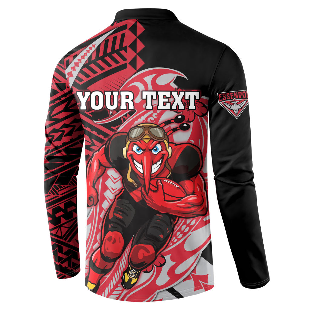 Personalized Essendon Bombers Button Sweatshirt Polynesian Tribal Bomber Pilot Mascot With Hibiscus Floral Art
