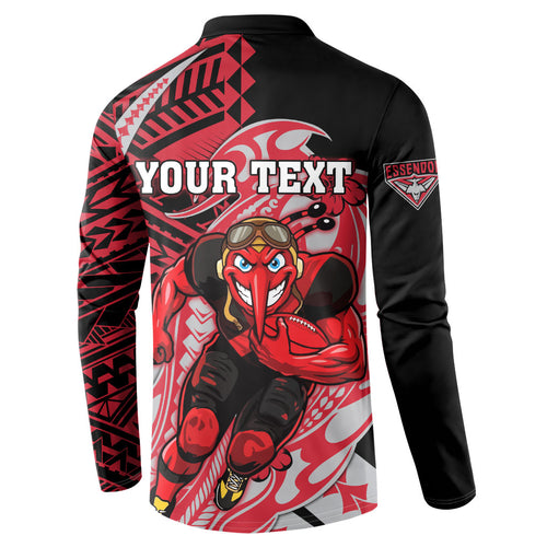 Personalized Essendon Bombers Button Sweatshirt Polynesian Tribal Bomber Pilot Mascot With Hibiscus Floral Art