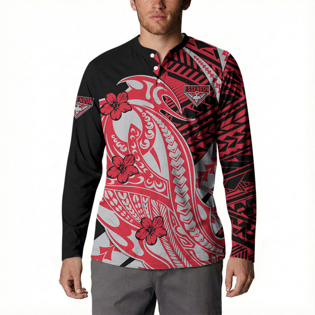 Personalized Essendon Bombers Button Sweatshirt Polynesian Tribal Bomber Pilot Mascot With Hibiscus Floral Art