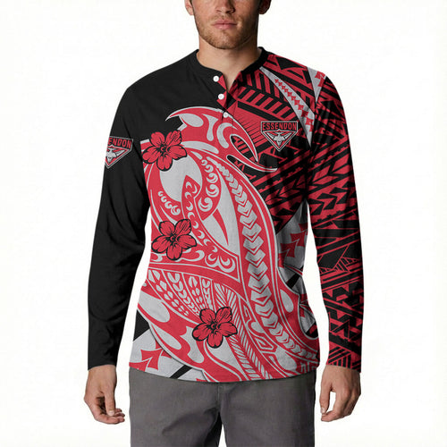 Personalized Essendon Bombers Button Sweatshirt Polynesian Tribal Bomber Pilot Mascot With Hibiscus Floral Art