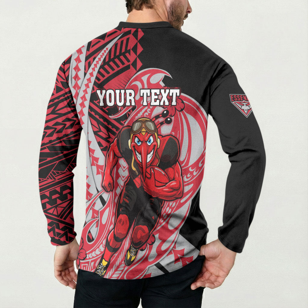 Personalized Essendon Bombers Button Sweatshirt Polynesian Tribal Bomber Pilot Mascot With Hibiscus Floral Art