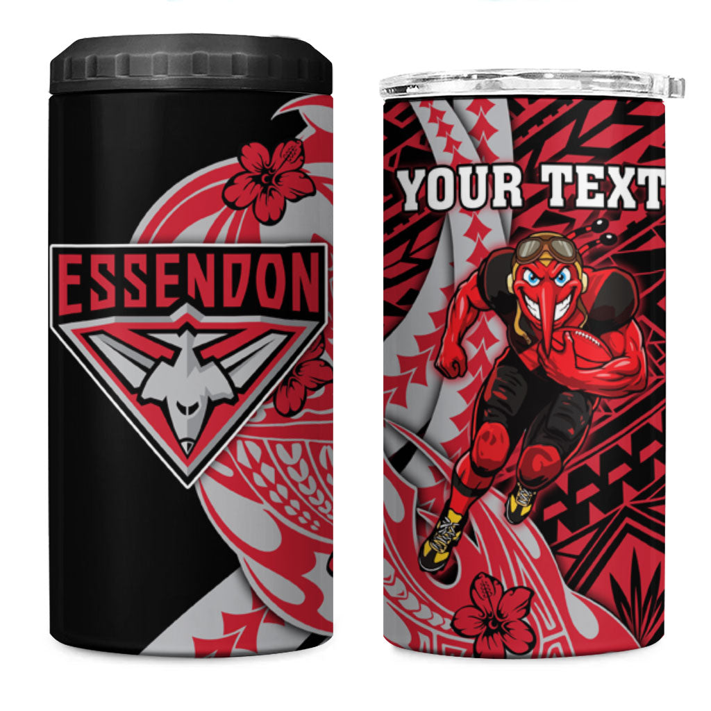 Personalized Essendon Bombers 4 in 1 Can Cooler Tumbler Polynesian Tribal Bomber Pilot Mascot With Hibiscus Floral Art