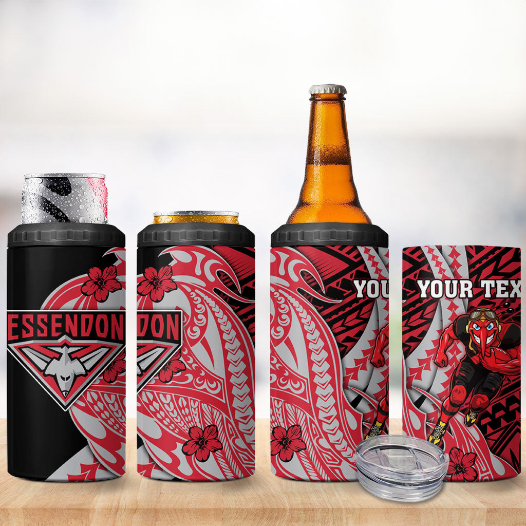 Personalized Essendon Bombers 4 in 1 Can Cooler Tumbler Polynesian Tribal Bomber Pilot Mascot With Hibiscus Floral Art