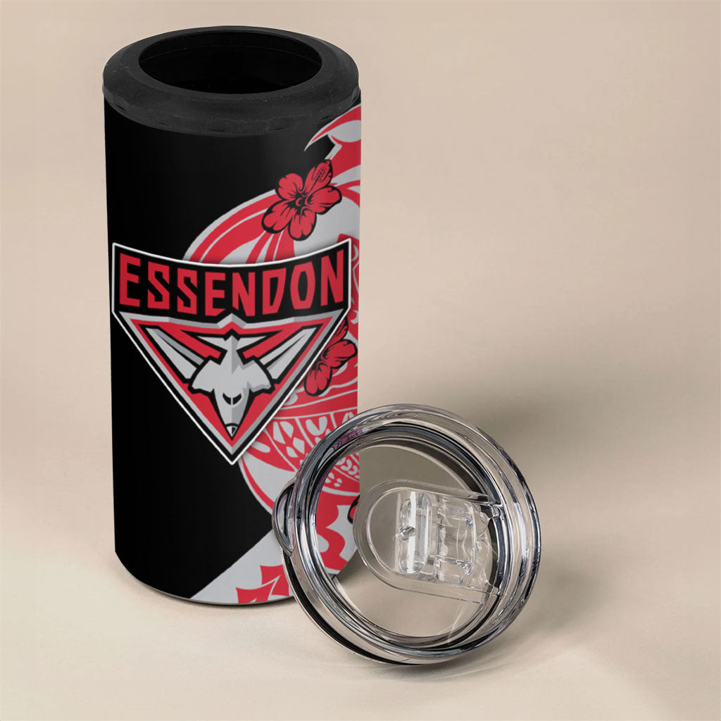 Personalized Essendon Bombers 4 in 1 Can Cooler Tumbler Polynesian Tribal Bomber Pilot Mascot With Hibiscus Floral Art