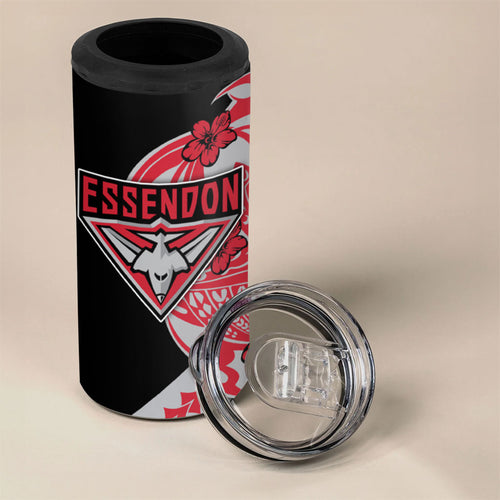 Personalized Essendon Bombers 4 in 1 Can Cooler Tumbler Polynesian Tribal Bomber Pilot Mascot With Hibiscus Floral Art