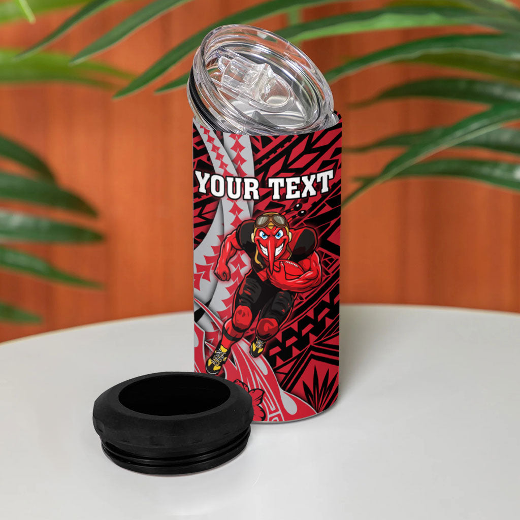 Personalized Essendon Bombers 4 in 1 Can Cooler Tumbler Polynesian Tribal Bomber Pilot Mascot With Hibiscus Floral Art