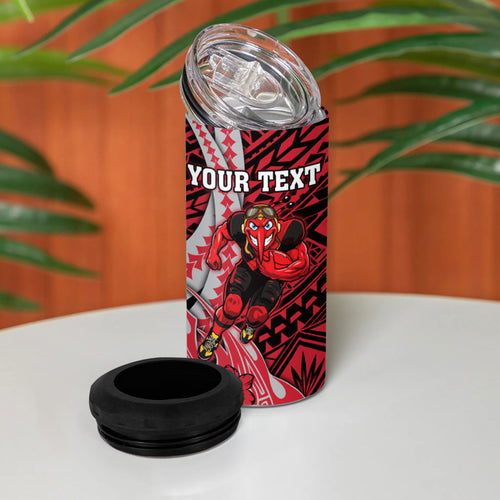 Personalized Essendon Bombers 4 in 1 Can Cooler Tumbler Polynesian Tribal Bomber Pilot Mascot With Hibiscus Floral Art