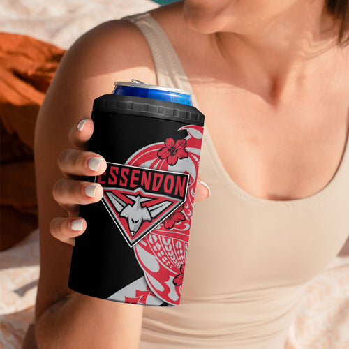 Personalized Essendon Bombers 4 in 1 Can Cooler Tumbler Polynesian Tribal Bomber Pilot Mascot With Hibiscus Floral Art