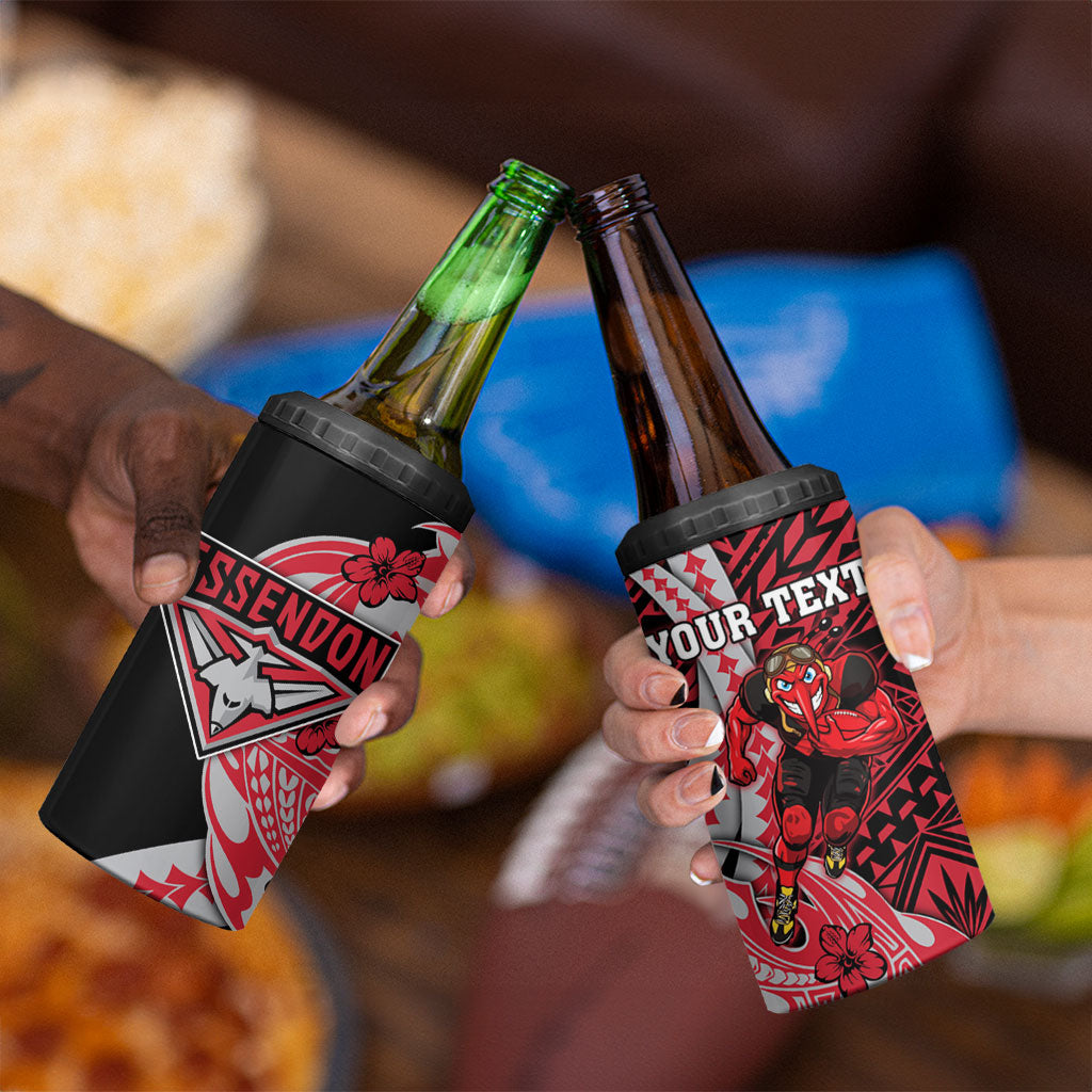 Personalized Essendon Bombers 4 in 1 Can Cooler Tumbler Polynesian Tribal Bomber Pilot Mascot With Hibiscus Floral Art