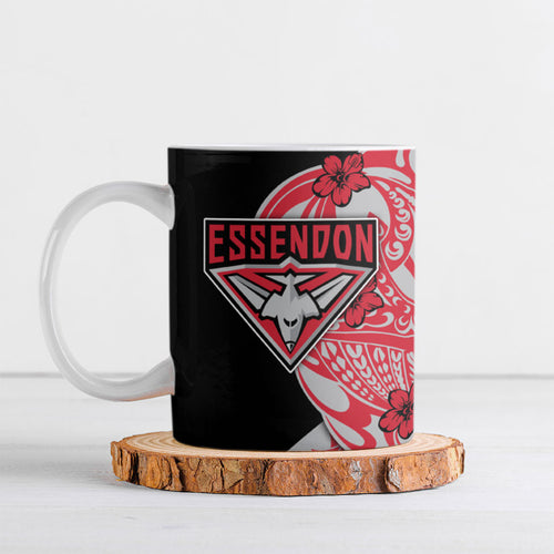 Personalized Essendon Bombers Ceramic Mug Polynesian Tribal Bomber Pilot Mascot With Hibiscus Floral Art