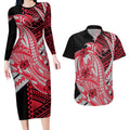 Personalized Essendon Bombers Couples Matching Long Sleeve Bodycon Dress and Hawaiian Shirt Polynesian Tribal Bomber Pilot Mascot With Hibiscus Floral Art