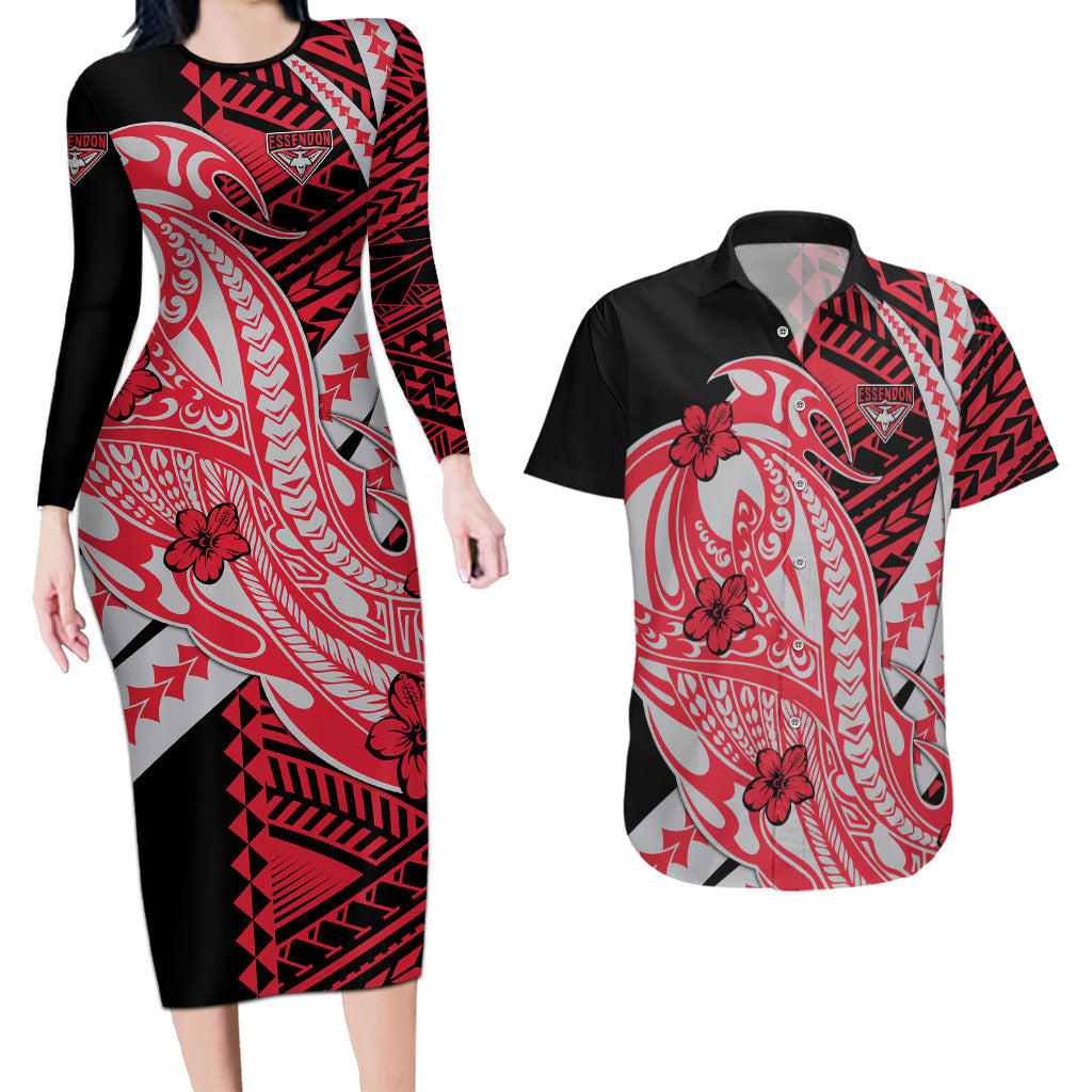 Personalized Essendon Bombers Couples Matching Long Sleeve Bodycon Dress and Hawaiian Shirt Polynesian Tribal Bomber Pilot Mascot With Hibiscus Floral Art