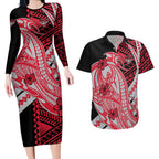Personalized Essendon Bombers Couples Matching Long Sleeve Bodycon Dress and Hawaiian Shirt Polynesian Tribal Bomber Pilot Mascot With Hibiscus Floral Art