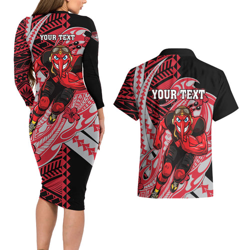 Personalized Essendon Bombers Couples Matching Long Sleeve Bodycon Dress and Hawaiian Shirt Polynesian Tribal Bomber Pilot Mascot With Hibiscus Floral Art