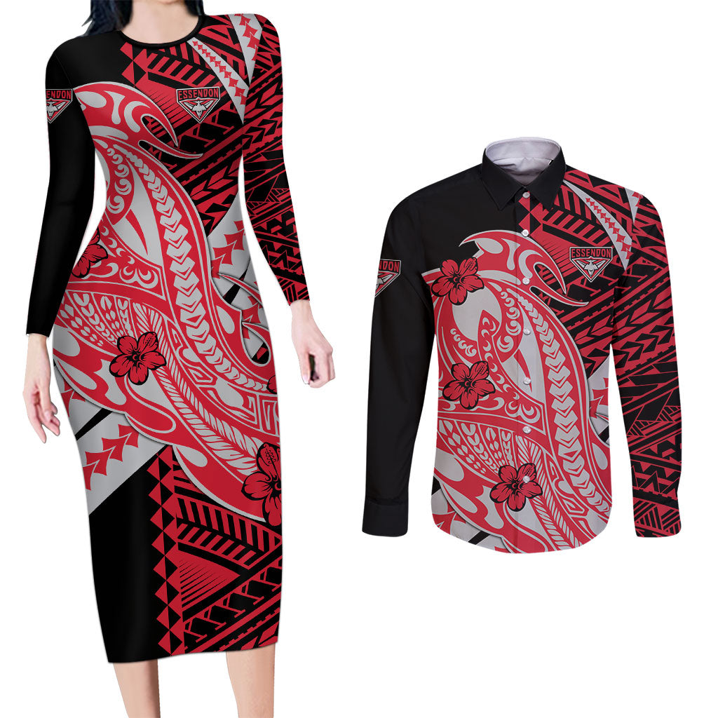 Personalized Essendon Bombers Couples Matching Long Sleeve Bodycon Dress and Long Sleeve Button Shirt Polynesian Tribal Bomber Pilot Mascot With Hibiscus Floral Art