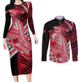 Personalized Essendon Bombers Couples Matching Long Sleeve Bodycon Dress and Long Sleeve Button Shirt Polynesian Tribal Bomber Pilot Mascot With Hibiscus Floral Art