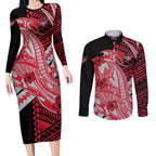 Personalized Essendon Bombers Couples Matching Long Sleeve Bodycon Dress and Long Sleeve Button Shirt Polynesian Tribal Bomber Pilot Mascot With Hibiscus Floral Art