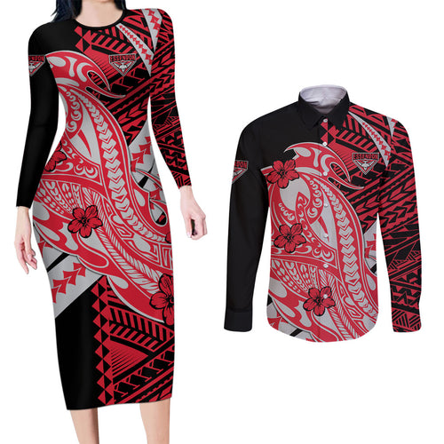 Personalized Essendon Bombers Couples Matching Long Sleeve Bodycon Dress and Long Sleeve Button Shirt Polynesian Tribal Bomber Pilot Mascot With Hibiscus Floral Art