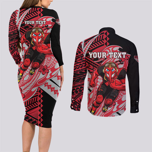 Personalized Essendon Bombers Couples Matching Long Sleeve Bodycon Dress and Long Sleeve Button Shirt Polynesian Tribal Bomber Pilot Mascot With Hibiscus Floral Art