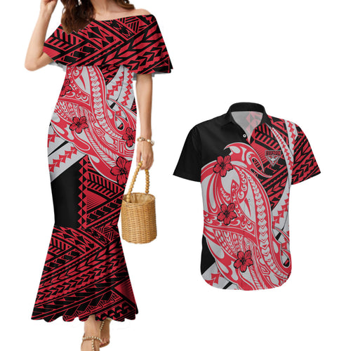 Personalized Essendon Bombers Couples Matching Mermaid Dress and Hawaiian Shirt Polynesian Tribal Bomber Pilot Mascot With Hibiscus Floral Art