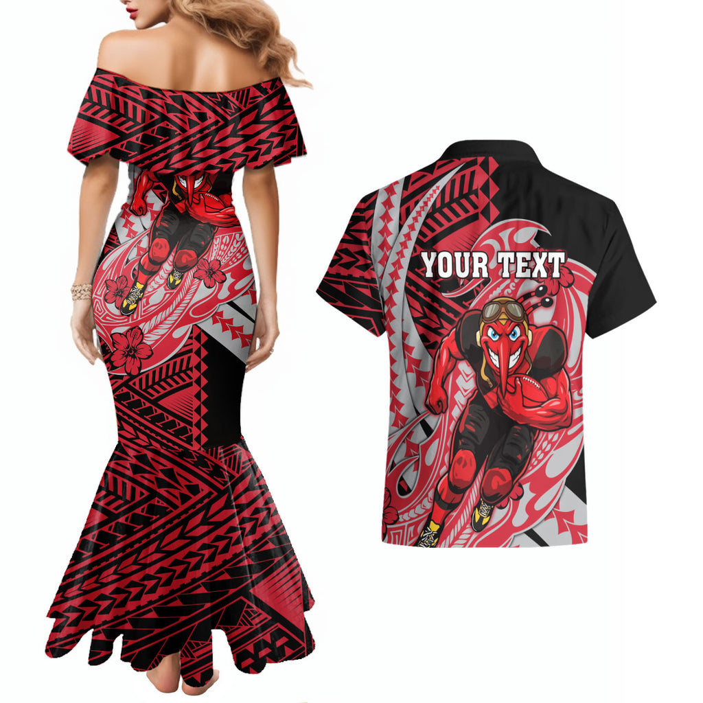 Personalized Essendon Bombers Couples Matching Mermaid Dress and Hawaiian Shirt Polynesian Tribal Bomber Pilot Mascot With Hibiscus Floral Art