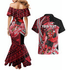 Personalized Essendon Bombers Couples Matching Mermaid Dress and Hawaiian Shirt Polynesian Tribal Bomber Pilot Mascot With Hibiscus Floral Art