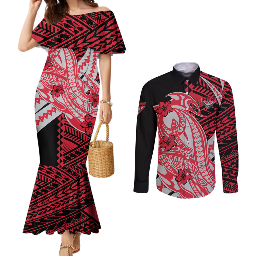 Personalized Essendon Bombers Couples Matching Mermaid Dress and Long Sleeve Button Shirt Polynesian Tribal Bomber Pilot Mascot With Hibiscus Floral Art