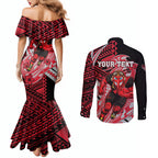Personalized Essendon Bombers Couples Matching Mermaid Dress and Long Sleeve Button Shirt Polynesian Tribal Bomber Pilot Mascot With Hibiscus Floral Art