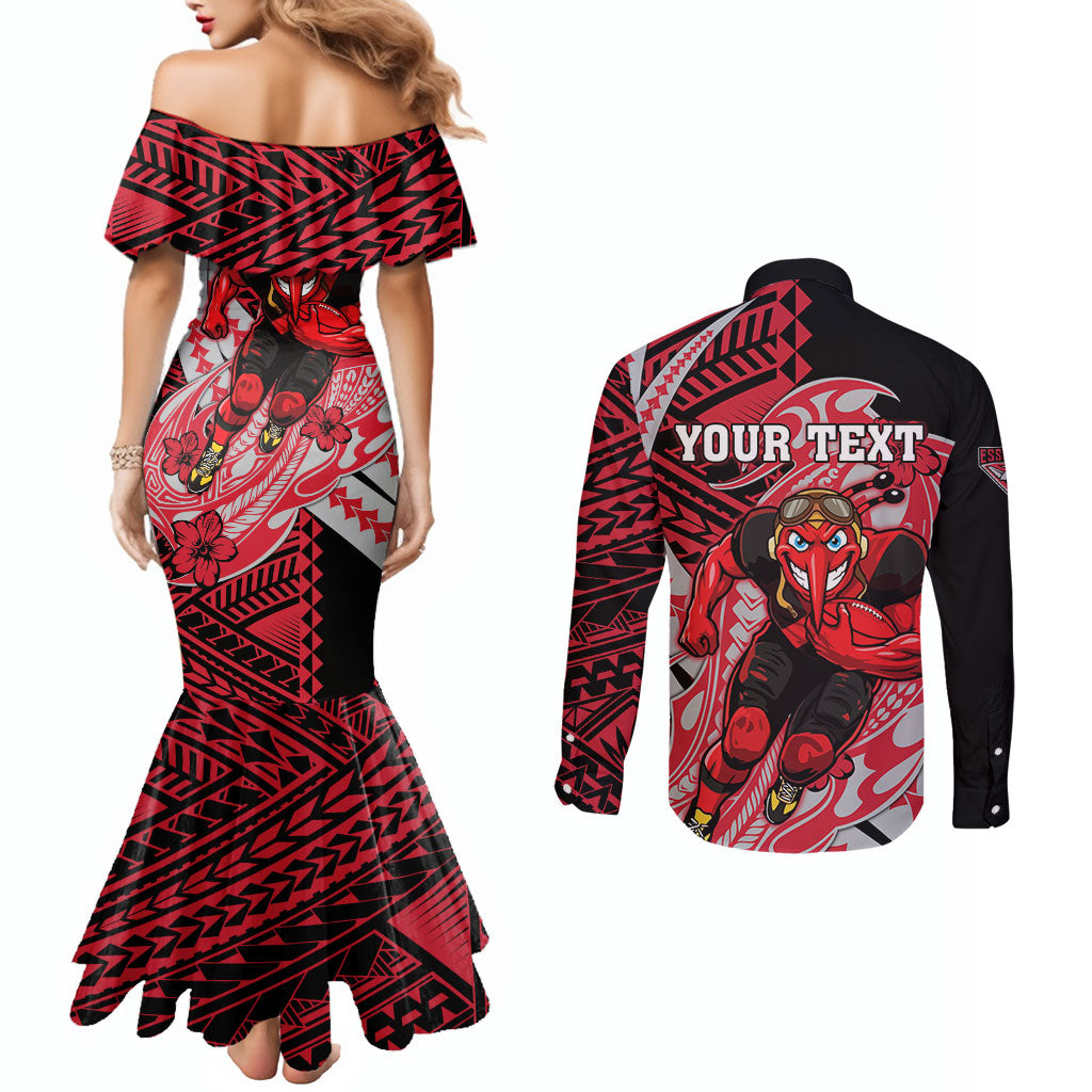 Personalized Essendon Bombers Couples Matching Mermaid Dress and Long Sleeve Button Shirt Polynesian Tribal Bomber Pilot Mascot With Hibiscus Floral Art