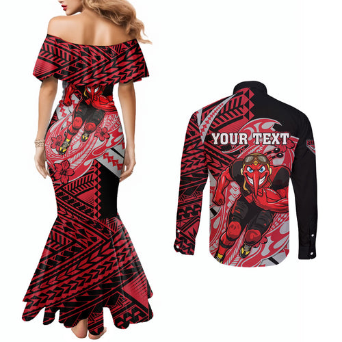 Personalized Essendon Bombers Couples Matching Mermaid Dress and Long Sleeve Button Shirt Polynesian Tribal Bomber Pilot Mascot With Hibiscus Floral Art