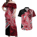 Personalized Essendon Bombers Couples Matching Off Shoulder Maxi Dress and Hawaiian Shirt Polynesian Tribal Bomber Pilot Mascot With Hibiscus Floral Art