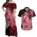 Personalized Essendon Bombers Couples Matching Off Shoulder Maxi Dress and Hawaiian Shirt Polynesian Tribal Bomber Pilot Mascot With Hibiscus Floral Art