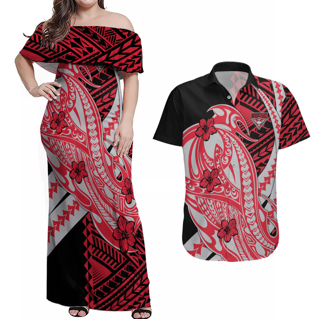Personalized Essendon Bombers Couples Matching Off Shoulder Maxi Dress and Hawaiian Shirt Polynesian Tribal Bomber Pilot Mascot With Hibiscus Floral Art