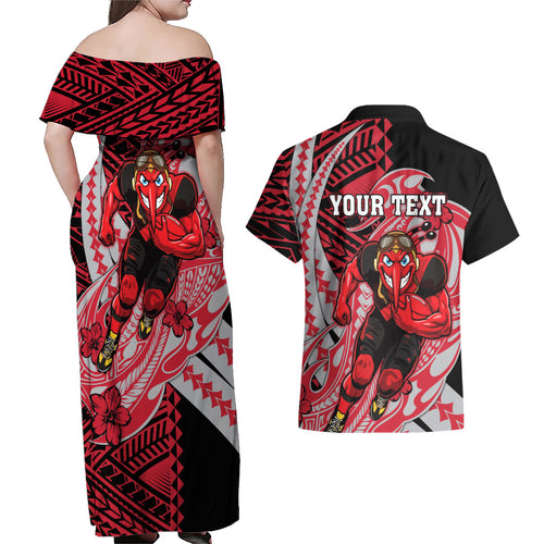 Personalized Essendon Bombers Couples Matching Off Shoulder Maxi Dress and Hawaiian Shirt Polynesian Tribal Bomber Pilot Mascot With Hibiscus Floral Art