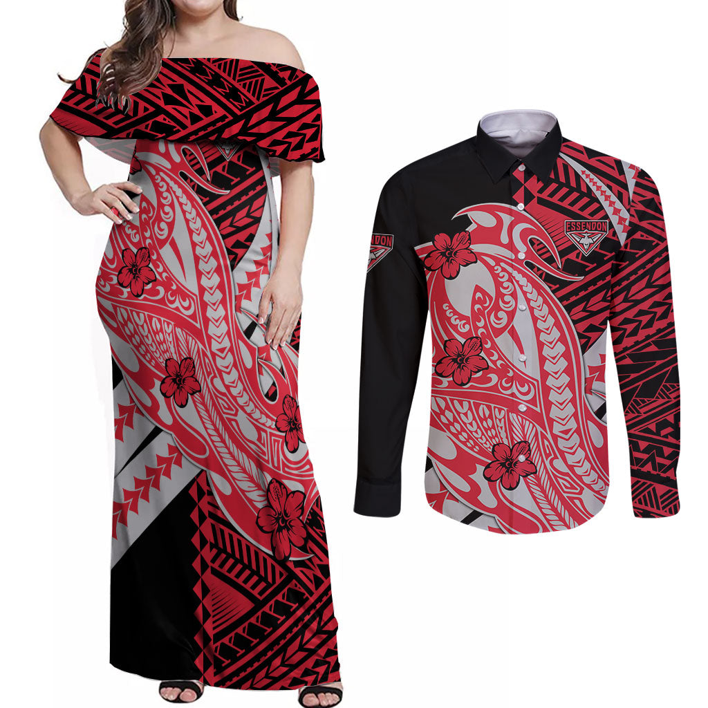 Personalized Essendon Bombers Couples Matching Off Shoulder Maxi Dress and Long Sleeve Button Shirt Polynesian Tribal Bomber Pilot Mascot With Hibiscus Floral Art