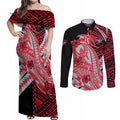 Personalized Essendon Bombers Couples Matching Off Shoulder Maxi Dress and Long Sleeve Button Shirt Polynesian Tribal Bomber Pilot Mascot With Hibiscus Floral Art