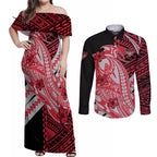 Personalized Essendon Bombers Couples Matching Off Shoulder Maxi Dress and Long Sleeve Button Shirt Polynesian Tribal Bomber Pilot Mascot With Hibiscus Floral Art