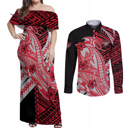 Personalized Essendon Bombers Couples Matching Off Shoulder Maxi Dress and Long Sleeve Button Shirt Polynesian Tribal Bomber Pilot Mascot With Hibiscus Floral Art