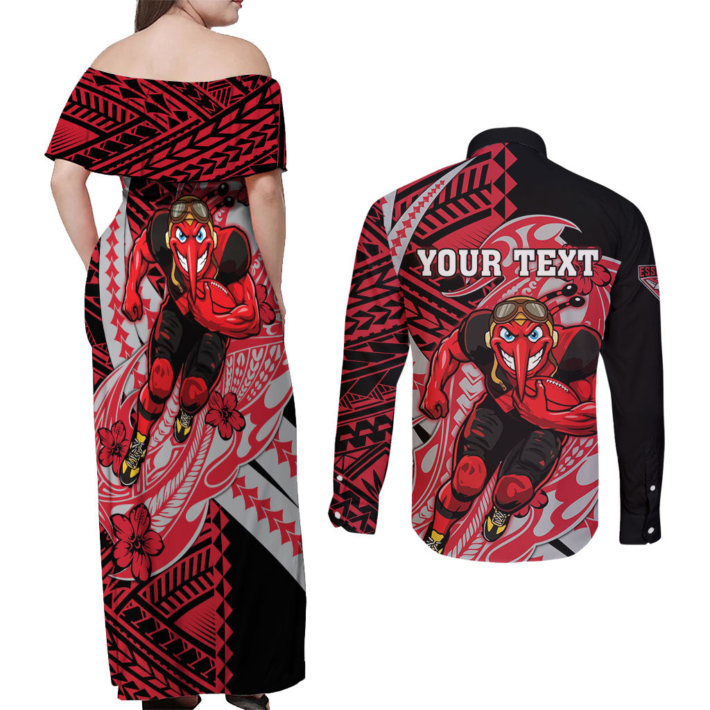 Personalized Essendon Bombers Couples Matching Off Shoulder Maxi Dress and Long Sleeve Button Shirt Polynesian Tribal Bomber Pilot Mascot With Hibiscus Floral Art