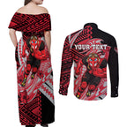 Personalized Essendon Bombers Couples Matching Off Shoulder Maxi Dress and Long Sleeve Button Shirt Polynesian Tribal Bomber Pilot Mascot With Hibiscus Floral Art