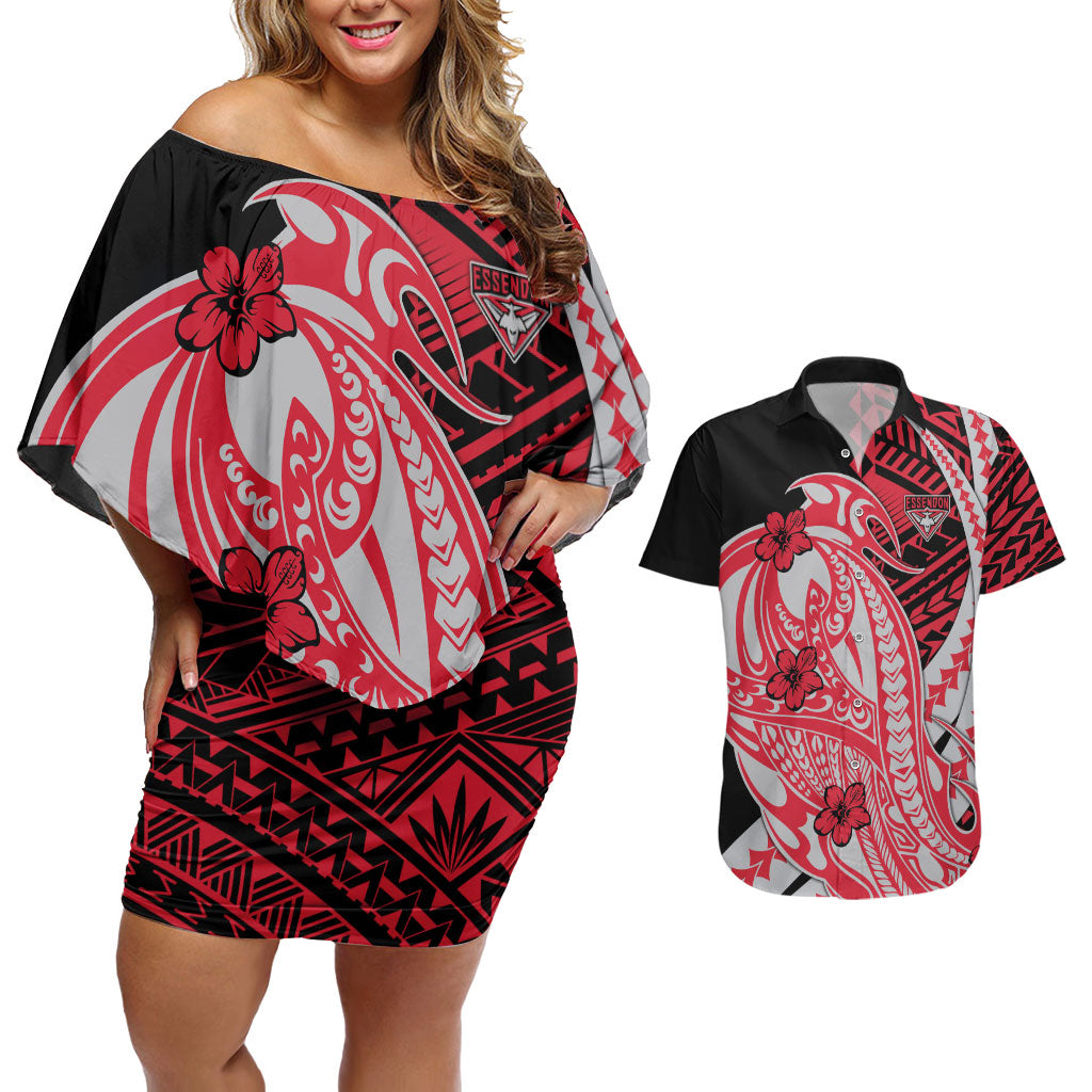 Personalized Essendon Bombers Couples Matching Off Shoulder Short Dress and Hawaiian Shirt Polynesian Tribal Bomber Pilot Mascot With Hibiscus Floral Art