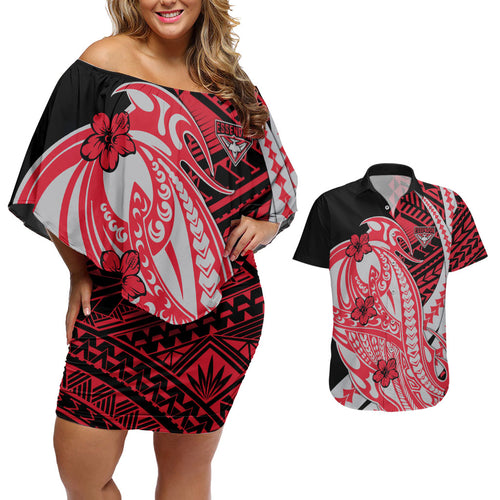 Personalized Essendon Bombers Couples Matching Off Shoulder Short Dress and Hawaiian Shirt Polynesian Tribal Bomber Pilot Mascot With Hibiscus Floral Art