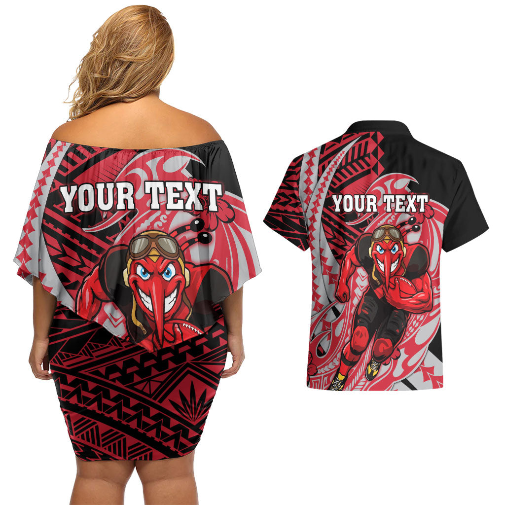Personalized Essendon Bombers Couples Matching Off Shoulder Short Dress and Hawaiian Shirt Polynesian Tribal Bomber Pilot Mascot With Hibiscus Floral Art