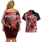 Personalized Essendon Bombers Couples Matching Off Shoulder Short Dress and Hawaiian Shirt Polynesian Tribal Bomber Pilot Mascot With Hibiscus Floral Art