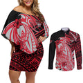 Personalized Essendon Bombers Couples Matching Off Shoulder Short Dress and Long Sleeve Button Shirt Polynesian Tribal Bomber Pilot Mascot With Hibiscus Floral Art
