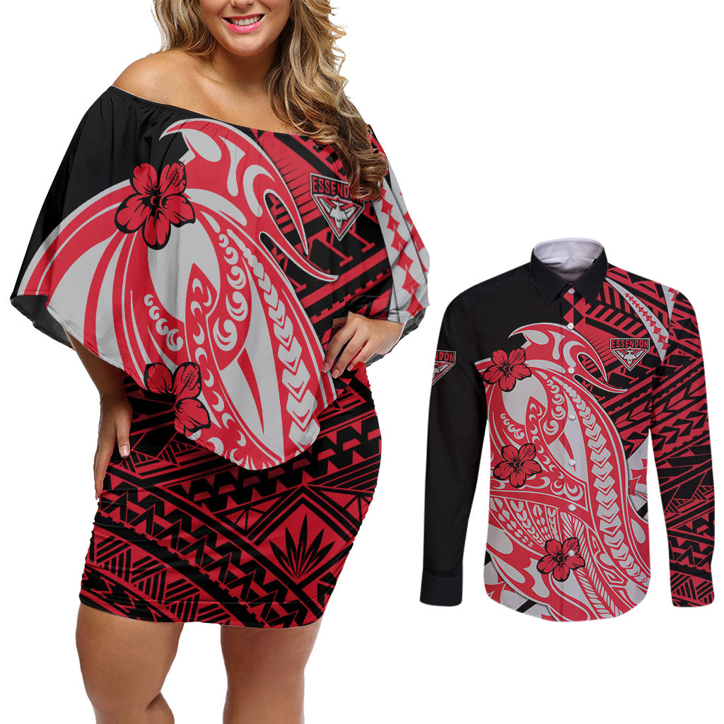 Personalized Essendon Bombers Couples Matching Off Shoulder Short Dress and Long Sleeve Button Shirt Polynesian Tribal Bomber Pilot Mascot With Hibiscus Floral Art