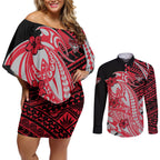 Personalized Essendon Bombers Couples Matching Off Shoulder Short Dress and Long Sleeve Button Shirt Polynesian Tribal Bomber Pilot Mascot With Hibiscus Floral Art