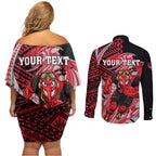 Personalized Essendon Bombers Couples Matching Off Shoulder Short Dress and Long Sleeve Button Shirt Polynesian Tribal Bomber Pilot Mascot With Hibiscus Floral Art