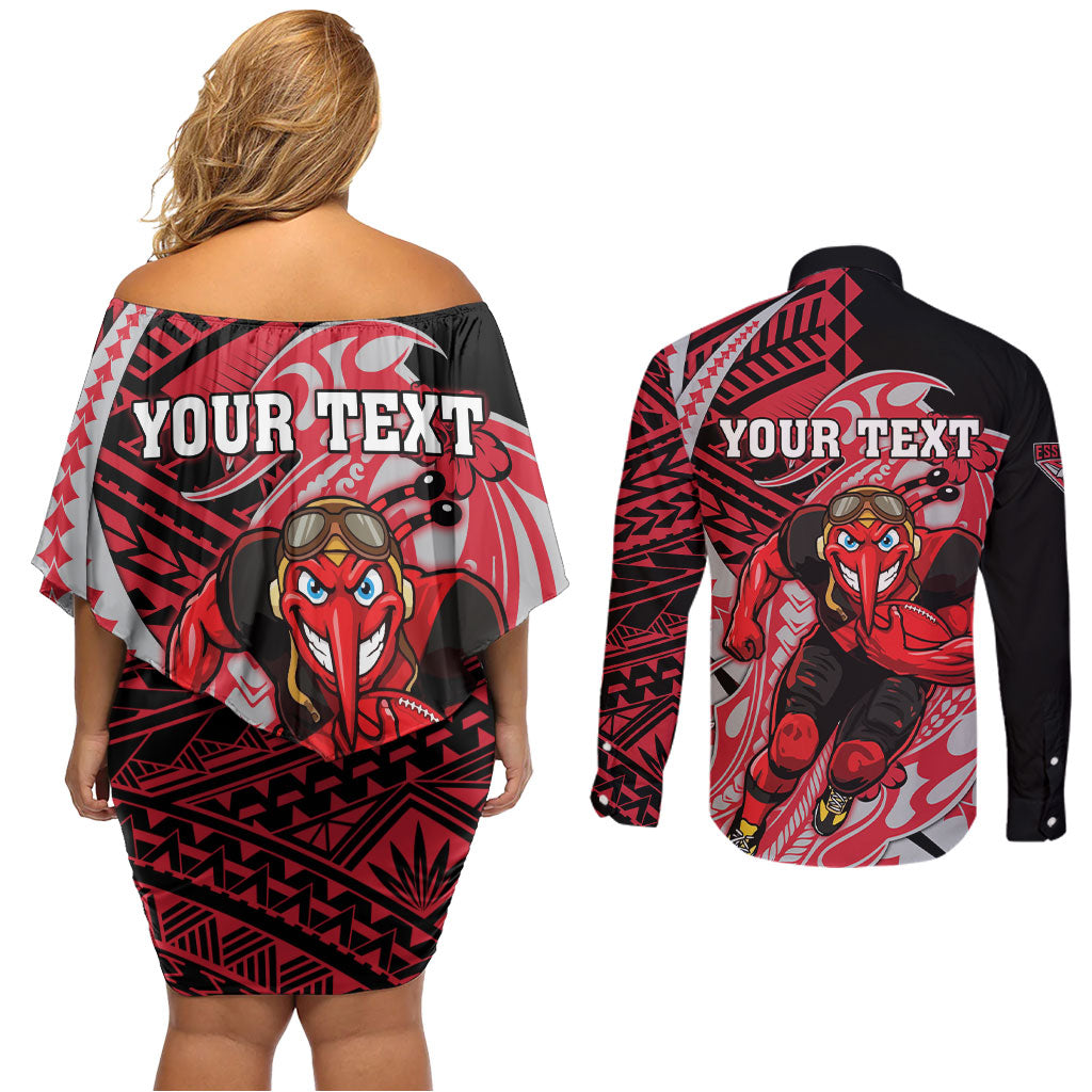 Personalized Essendon Bombers Couples Matching Off Shoulder Short Dress and Long Sleeve Button Shirt Polynesian Tribal Bomber Pilot Mascot With Hibiscus Floral Art
